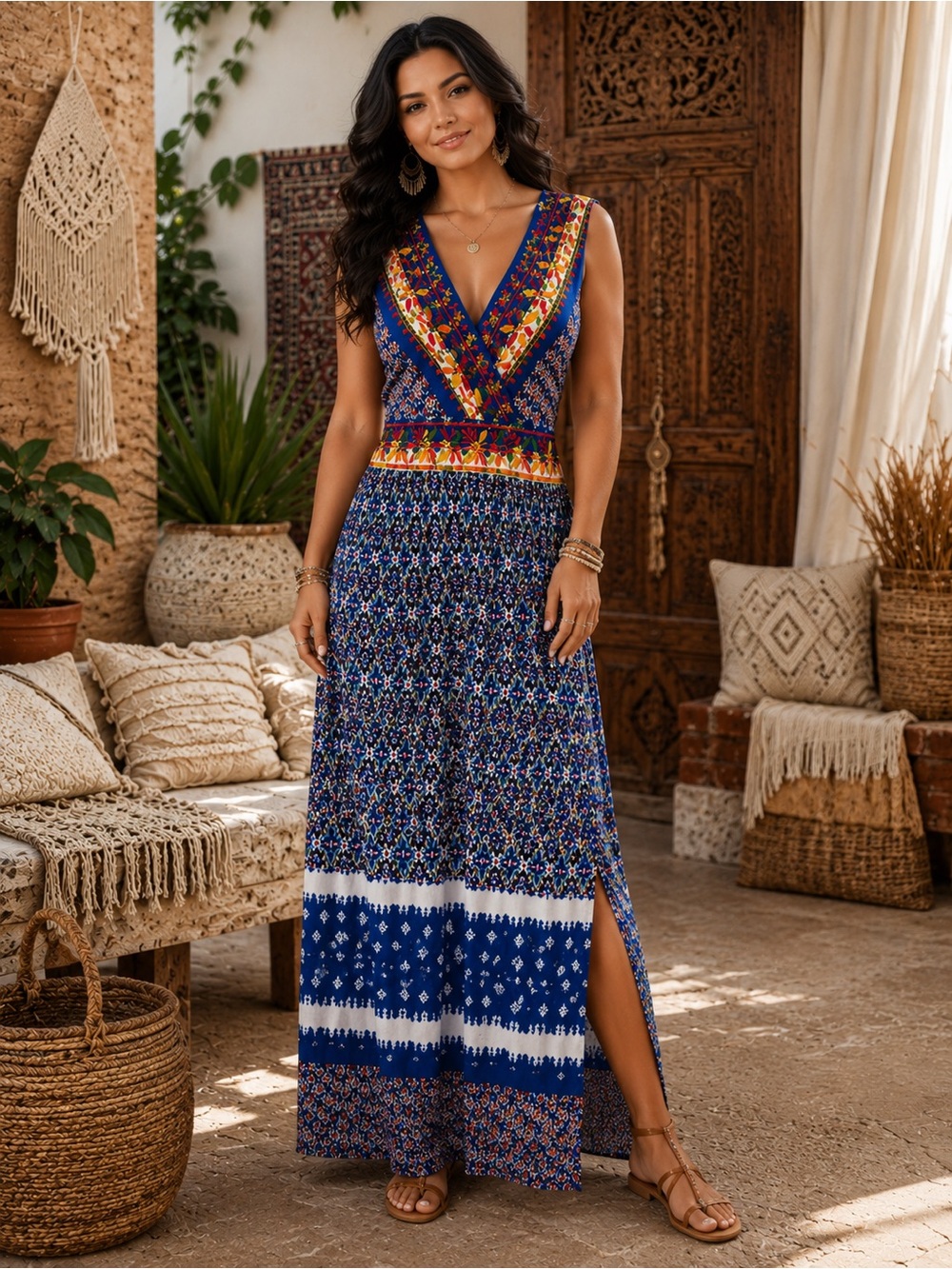 Miss Me Boho Embroidered Maxi Dress Medium Blue Floral Sleeveless Festival